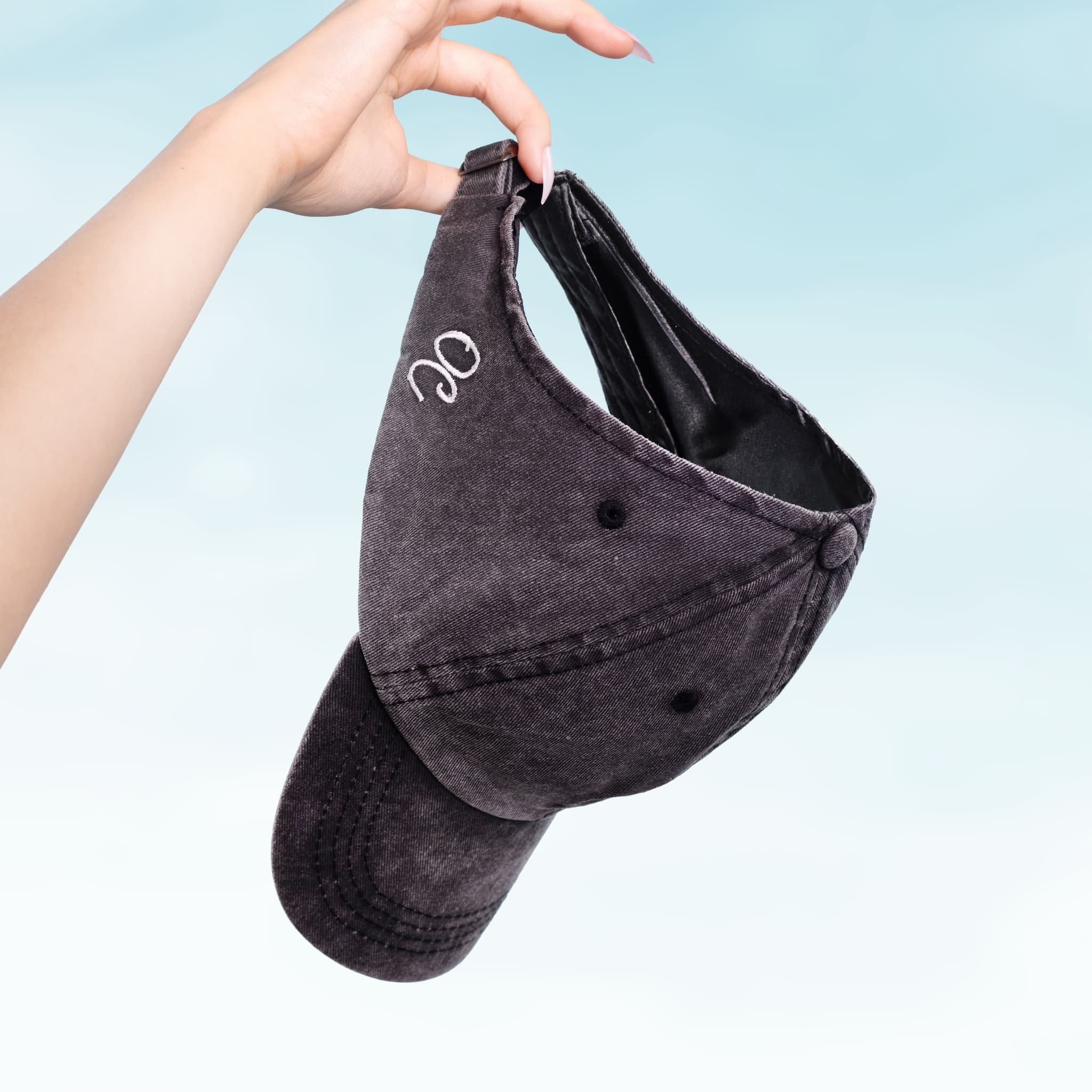Only Curls Satin Lined Baseball Hat (with open back) - Washed Grey - Image 9