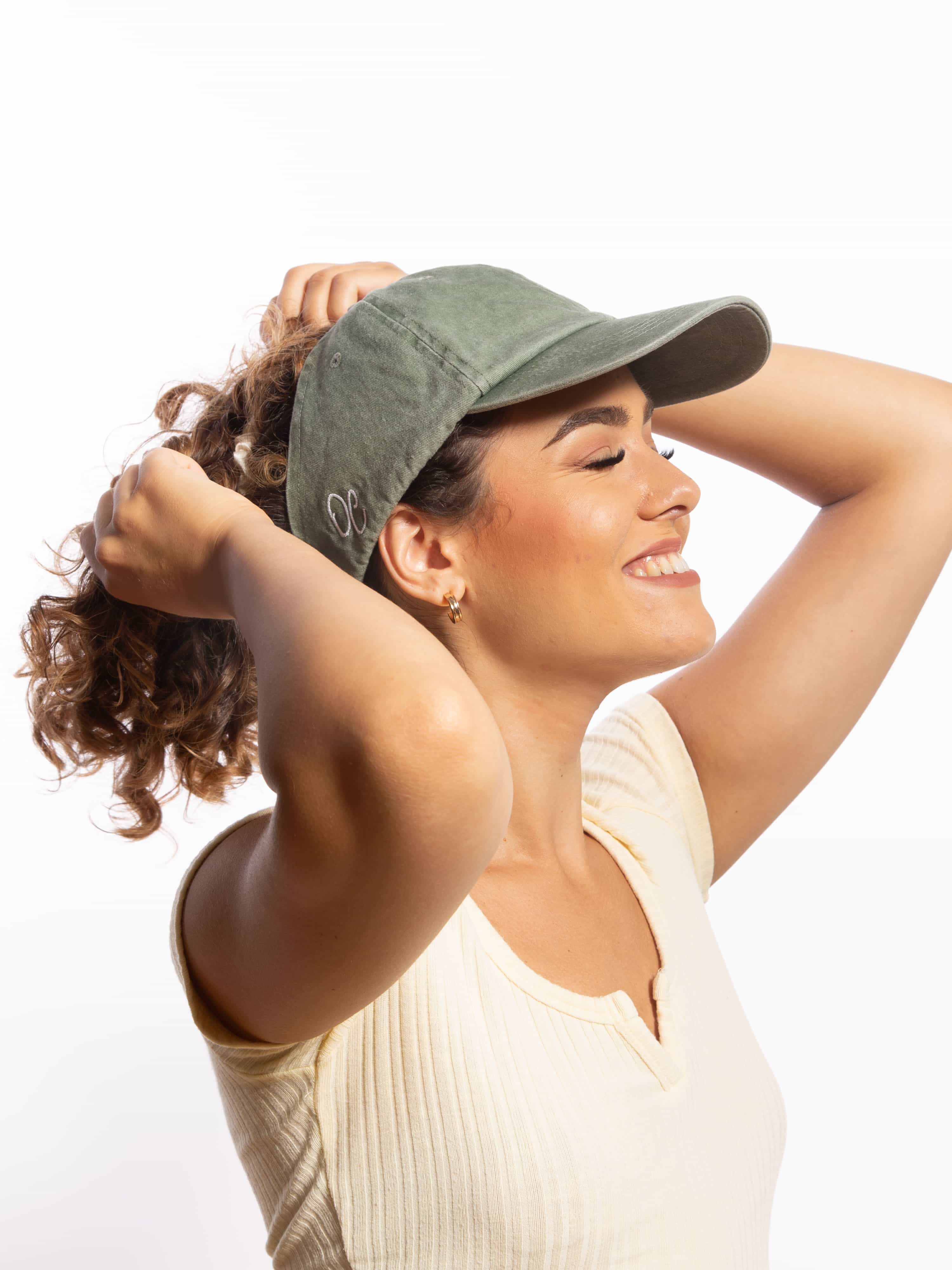 Only Curls Satin Lined Baseball Hat (with open back) - Washed Olive - Image 4