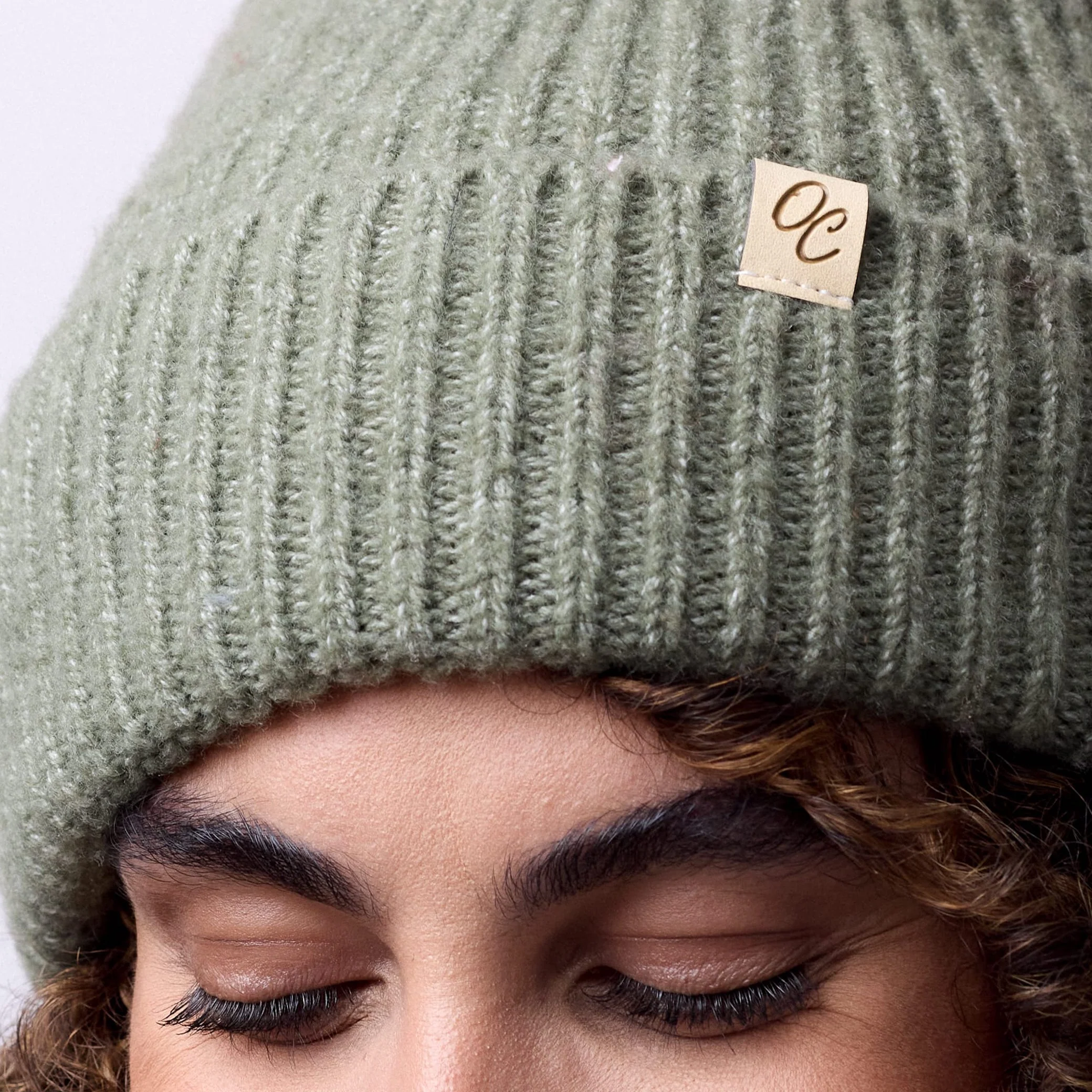 Only Curls Satin Lined Knitted Beanie Hat - Ella in Olive Green - Image 4