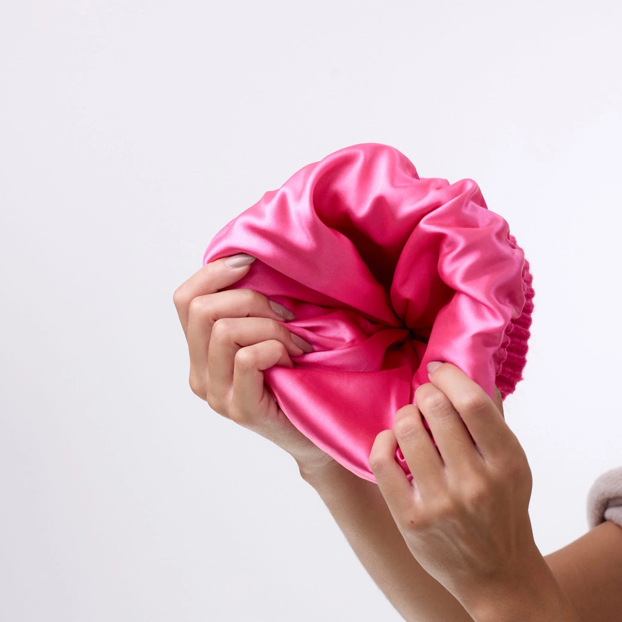Only Curls Satin Lined Beanie with Pom - Carrie in Hot Pink - Image 3