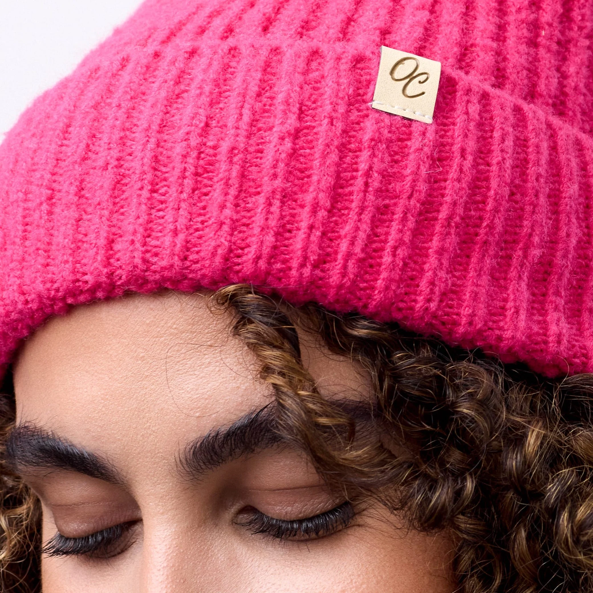 Only Curls Satin Lined Beanie with Pom - Carrie in Hot Pink - Image 4