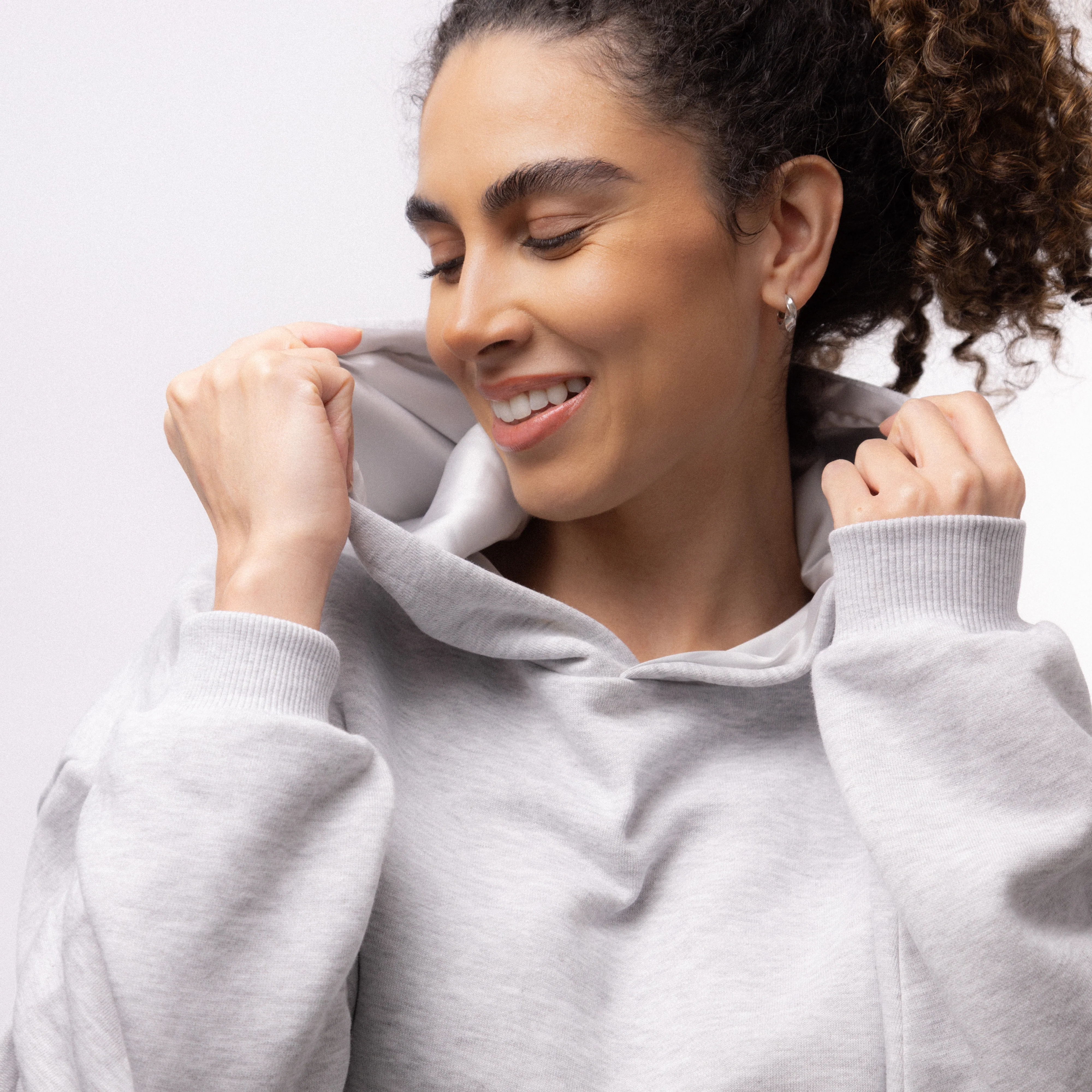 Only Curls Satin Lined Hoodie, Relaxed Fit - Grey Marl - Image 5